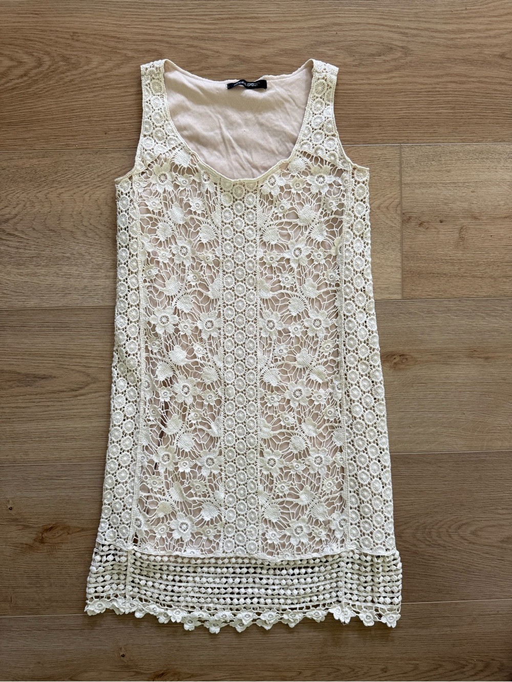 Crochet Lace Floral Boho Mini Dress Peer Tee Small Ivory 100% Cotton - Picture 1 of 5